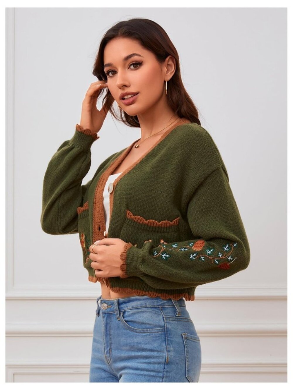 Women's Fall Cropped Cardigans Cottage Core Button Up Boho Sweater - Picture 3 of 8